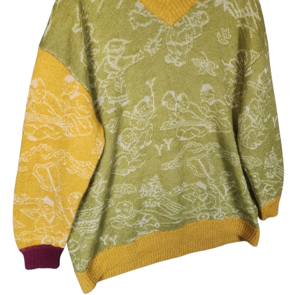 Yanyan Knits Sweater XS Green Yellow Colorblock Jaquard Motif Oversized Mohair - Picture 3 of 11